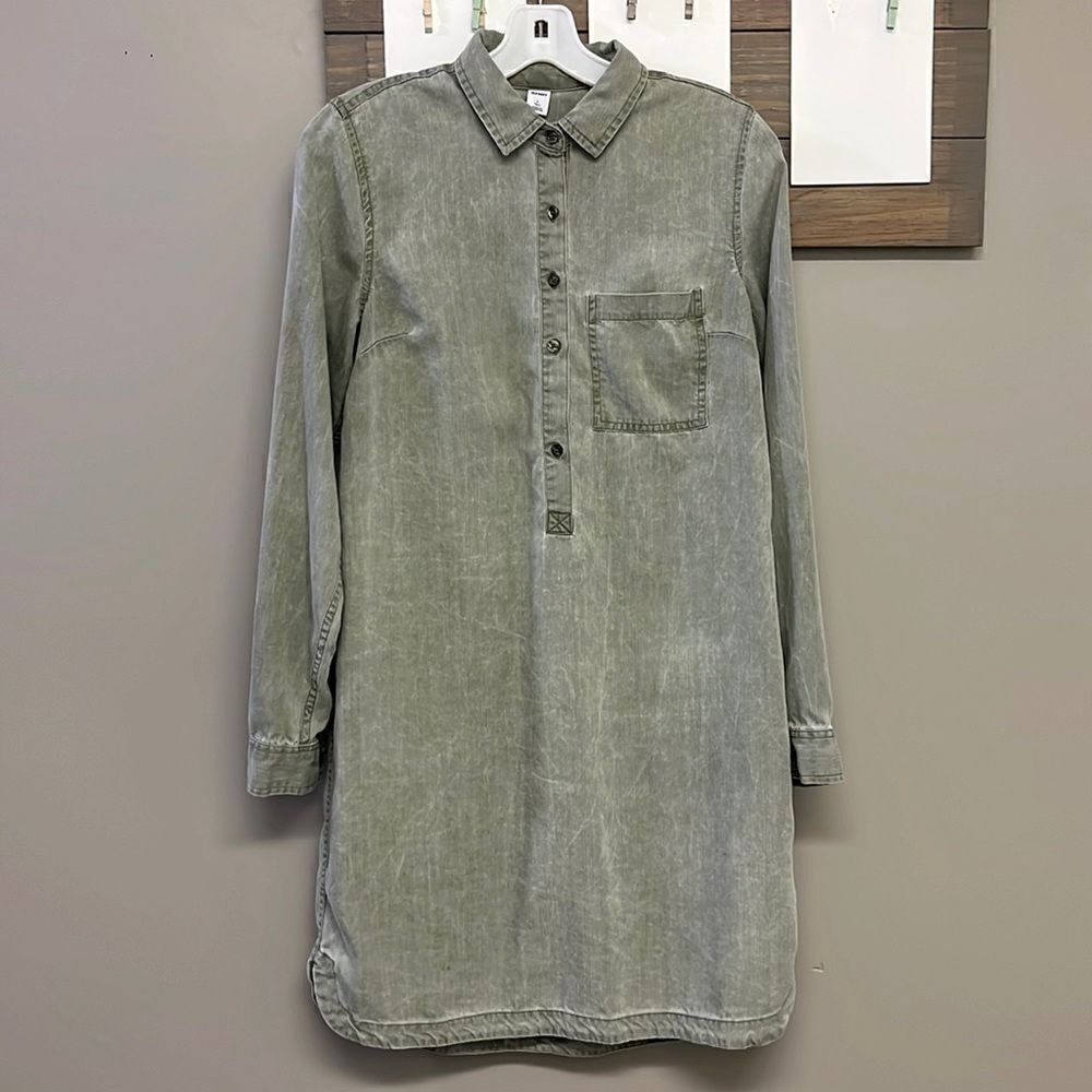 Old Navy Sage Long Sleeve 1/2 Button Down Pullover Rounded Hem Shirt Dress- Sm/T
